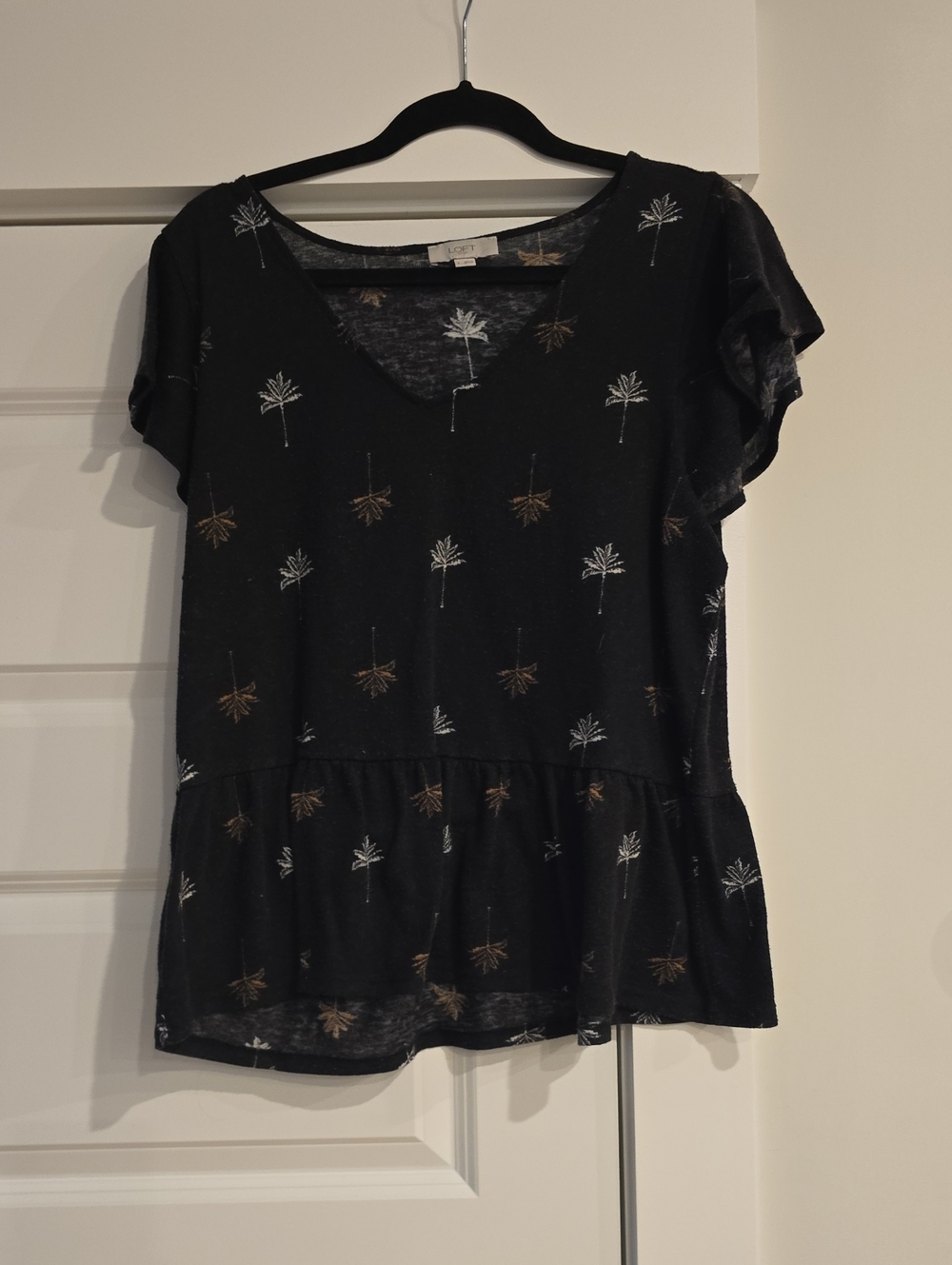 LOFT Black V-Neck Peplum Top with Palm Motif